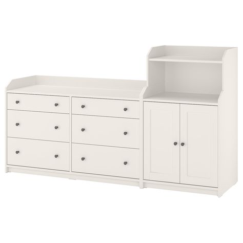 IKEA - HAUGA, Storage combination, white, Of course your home should be a safe place for the entire family. That’s why a safety fitting is included so that you can attach the storage unit to the wall. Hide or display your things by combining open and closed storage. 2 adjustable shelves included. Ikea Hauga, Kallax Shelf Unit, Combination Color, Wide Chest Of Drawers, Kallax Shelf, Door Chest, Furniture Redos, Sliding Wardrobe Doors, White Sideboard