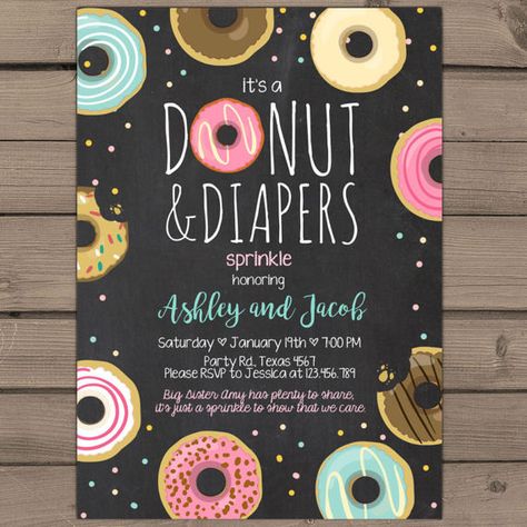 Donuts and Diapers Sprinkle Baby Shower by Anietillustration Donuts And Diapers Sprinkle, Donuts And Diapers, Donut Birthday Party Invitations, Donut Sprinkle, Baby Sprinkle Shower, Donut Invitation, Baby Sprinkle Ideas, Sprinkle Ideas, Grown Up Parties