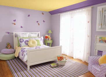 Benjamin Moore paints can create a calming, day-dream like quality to a room. (Abby's Room) Accent with Hot Pink and light green. Purple And Yellow Bedroom, Walk Closet, Benjamin Moore Bedroom, Purple Girls Bedroom, Girls Bedroom Paint, Girls Room Paint, Decorating Bedroom, Purple Rooms