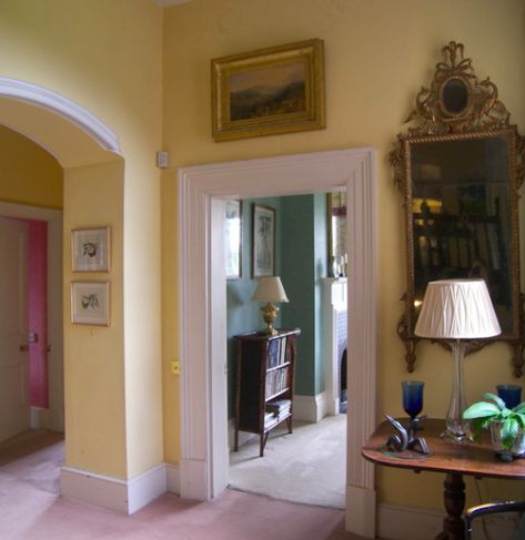 Yellow Cottage Interior, Pale Yellow Bathrooms, Yellow Painted Rooms, Orangery Interior, Yellow Hallway, Cottage Hallway, Edward Bulmer, Victorian Hallway, Hallway Colours