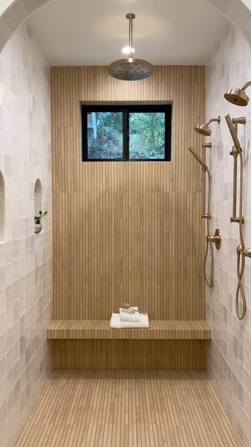 Wood Tile Shower, Wood Tile Bathroom, Bath Inspiration, Master Shower, Primary Bathroom, Bathroom Redesign, Master Bath Remodel, Wood Look Tile, Bathroom Inspiration Decor