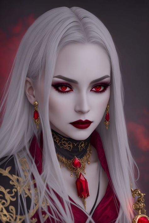 Queen Of Vampires, Crimped Curls, Vampire Woman Art, Beautiful Vampire Woman, Vampire Skin, Masquerade Vampire, Woman Vampire, White Hair And Red Eyes, Vampire Female