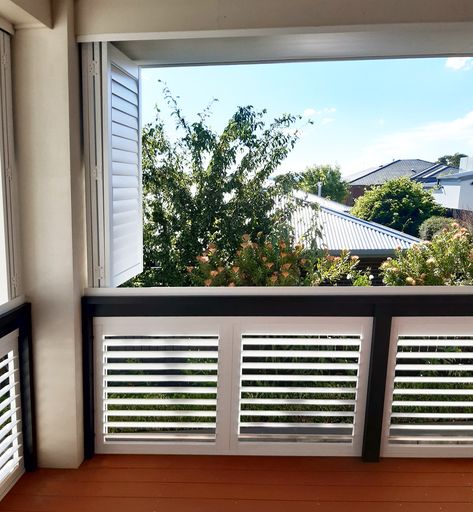 Australia Dollar, Balcony Blinds, Aluminium Shutters, Lattice Patio, Designer Window Treatments, Bahama Shutters, Outdoor Shutters, Deck Railing Design, Sliding Shutters