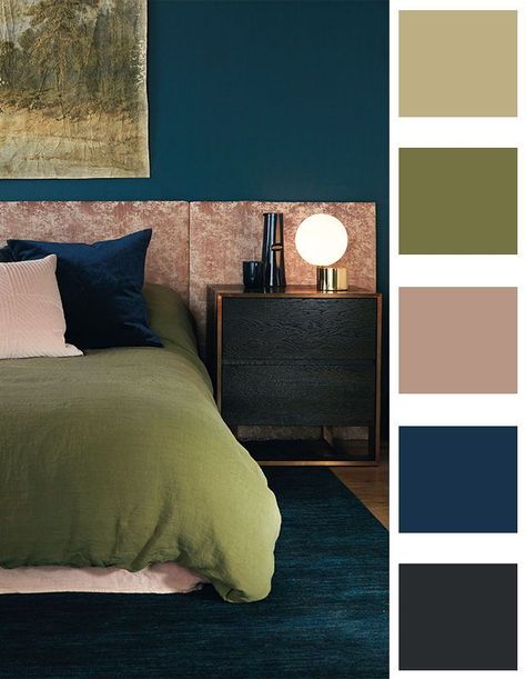 Prepare for hibernation with a calming combo of olive green, warm pink and petrol blue. | Photographer: Kim Jeffery | Designer: Emma Reddington & Kai Ethier Green Bedroom Colors, Blue Green Bedrooms, Fall Color Combinations, Olive Green Bedrooms, Navy Bedrooms, Bedroom Colour Palette, Color Aesthetic, House Color Palettes, Room Color Schemes