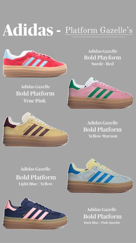 Color ways with descriptions from Adidas Gazelle Bold Platforms, Cream base. Adidas Gazelle Bold, Gazelle Bold, Yellow Adidas, Cream Base, Color Ways, Pink Sparkle, Adidas Outfit, Red Adidas, Pink Adidas