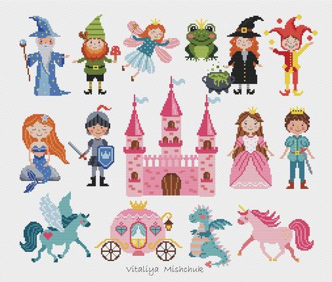 Princess Cross Stitch Pattern Fairy Tale Super Hero Castle For Baby Girl Easy SmallKids Prince Witch Set Mermaid Mini PDF Instant Download Cross Stitch Patterns Free Disney, Princess Cross Stitch, Cross Stitch Fairy, Fairytale Princess, Stitching Ideas, Stitch Gift, Small Cross Stitch, Small Kids, Cross Stitch Baby