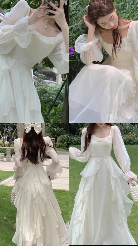 Flowy Modest Dress, Dresses Sleeves Designs, Flowy Dress Aesthetic, Long Dress Korean Style, White Dress Aesthetic, Grown Dress, Full Sleeve Gowns, Fairy Dress Aesthetic, Gaun Dress