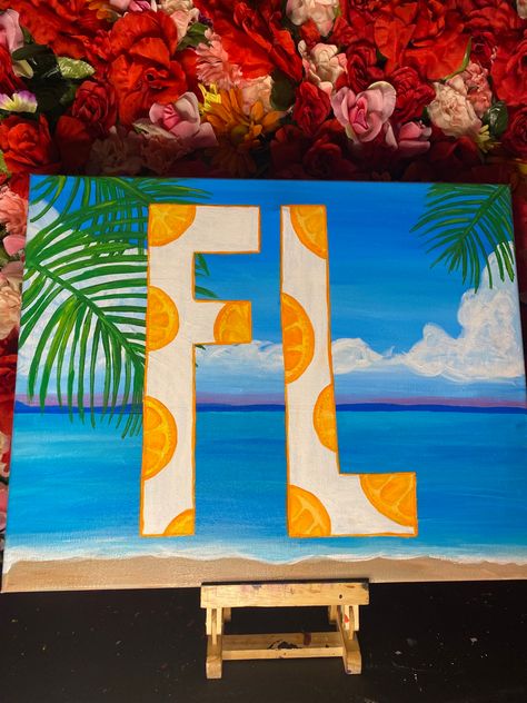 #florida #acrylicpaintingideas #custom #oranges #beach #palmtrees Florida Painting Ideas, Florida Painting, Florida Artwork, Florida Art, Painting Inspo, Box Ideas, Painting Ideas, Palm Trees, Acrylic Painting