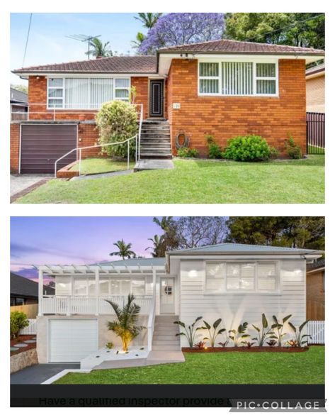 Australian House Renovation Before And After, 70s Facade Makeover, Brick Facade Makeover, Cladding House Exterior Before And After, Queenslander Renovation Before And After, 70s Brick House Exterior Makeover Australia, Australian Brick House Exterior Makeover, Brick Home Makeover Exterior, 50s House Exterior