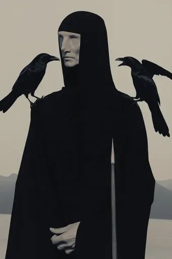 ↑↑↑ Larger size on website 🔸 A figure in a black hooded robe stands against a light background, holding a long spear. The figure Hooded Man, Black Crows, Dark And Mysterious, Hooded Robe, Black Crow, Light Background, Lights Background, Crows, A Black