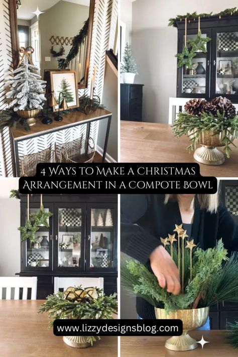 How to Make a Christmas Arrangement Using a Compote Bowl in 4 Ways Different Types Of Art, Jars Snow, Christmas Bowl, Fairy Jars, Stained Glass Jewelry, Bamboo Skewers, Mini Wreaths, Silver Bowl, Christmas Greenery