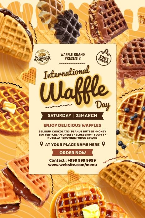 International Waffle Day Poster Template Waffle Poster Design, Waffle Menu Design, Waffles Pictures, Waffle Poster, Waffles Aesthetic, National Waffle Day, Cover Page For Project, Waffle Day, Logo Aesthetic