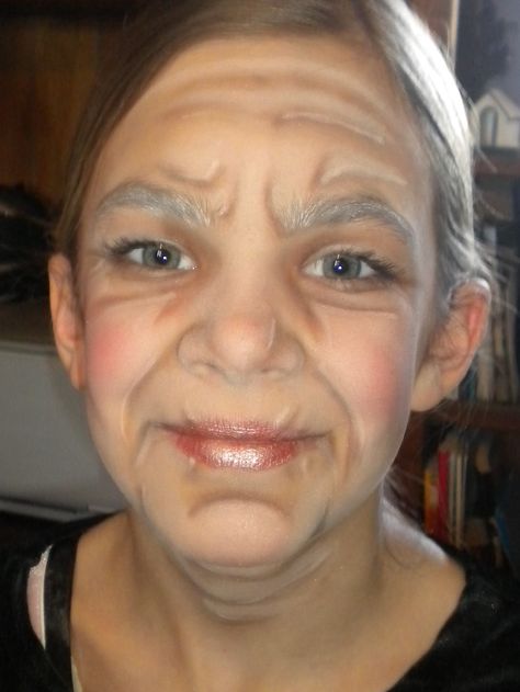 my 11 year old in stage make up for her role as Granny in Little Red Riding Hood.... Old Lady Face Makeup, Granny Makeup, Old People Costume, Old Lady Makeup, Stage Make Up, Granny Costume, Age Makeup, Red Eyebrows, Old Age Makeup