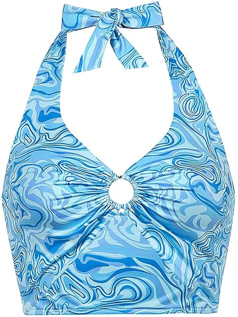 Backless Tank Top, Halter Neck Crop Top, Lagoona Blue, Crop Top Women, Outfit Png, Women Y2k, Wave Print, Halter Crop Top, Looks Chic