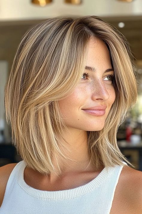 Layered Bob Haircut, Sunlit Blonde Long Bob with Soft Layers Long Bob Unstyled, Short Haircut With Layers And Face Frame, Short Hair Subtle Layers, Face Framing Layers Chin Length, Caramel Blonde Long Bob, Blond Long Bob Hairstyles, Medium Blonde Hair Layers, Rachel Bob Haircut, Long Bob For Oval Face Shape