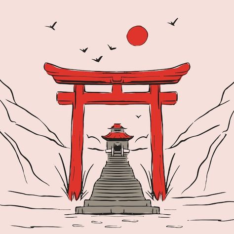 Japan Simple Drawing, Japanese Art Drawing Easy, Japan Temple Drawing, Japanese Drawing Aesthetic, Japanese Aesthetic Drawing, Japanese Art Easy, Chinese Temple Drawing, Japan Drawing Easy, Japanese Drawing Simple