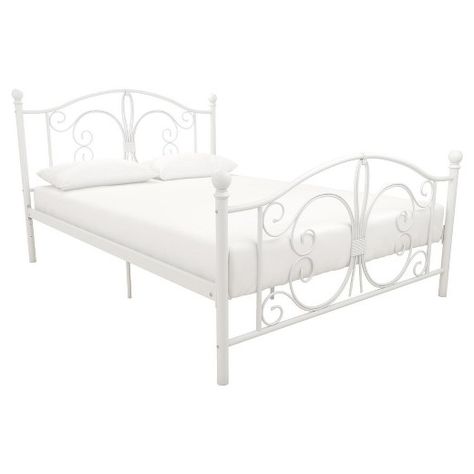 Add a touch of elegance to your bedroom with the DHP Bombay Metal bed. The headboard and footboard boast traditional scrollwork curves with round finial posts to provide a simple, yet classic look. Complete with metal slats and supporting legs, this bed does not require a box spring or bunkie board. Available in a white finish that compliments a multitude of room decors, the DHP Bombay Metal Bed will be the focal point of your bedroom! Duvet Blankets, Queen Metal Bed, White Bed Frame, Bed White, Full Bed Frame, Queen Mattress Size, Metal Bed, Sleep Dress, White Room