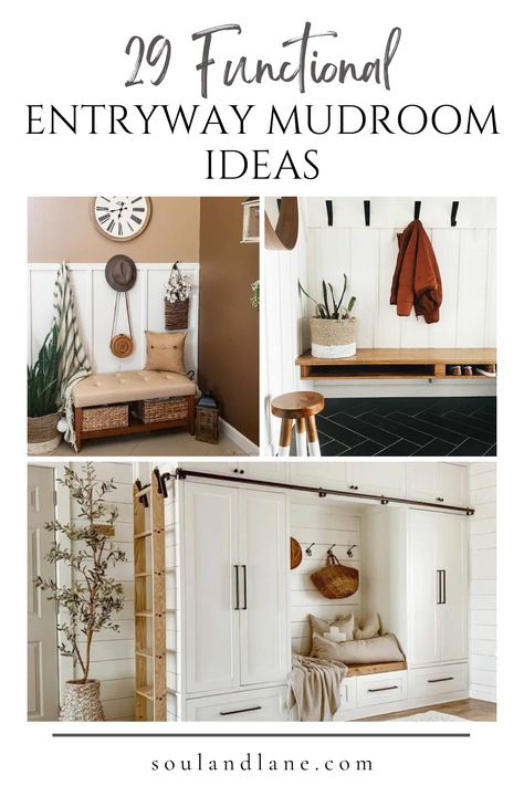 Craft a welcoming and organized entry with mudroom ideas tailored to keep clutter at bay right from the door. Explore built-in cubbies for stashing coats and backpacks, bench seating with hidden storage for shoes, and wall-mounted hooks for scarves and hats. Enhance functionality with a message center or chalkboard for family reminders. These entryway mudroom ideas not only serve to organize daily essentials but also create a warm, inviting space that makes a lasting first impression on guests a Wall Of Coat Hooks, Functional Entryway Ideas Small Spaces, Narrow Mudroom Ideas Entryway, Entry Cabinets, Entryway Mudroom Ideas, Small Mudroom Ideas Entryway, Minimal Entryway, Entryway Basket, Floating Bench