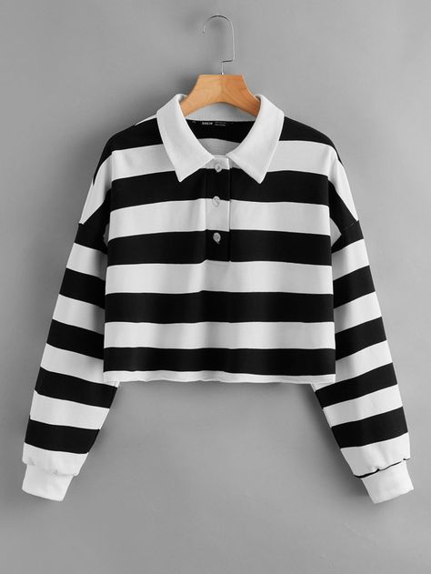 Drop Shoulder Striped Sweatshirt Women Long Sleeve Shirt, Chic Sweatshirt, Striped Sweatshirt, Y2k Aesthetic Outfits, Striped Sweatshirts, Loose Tees, Polo Shirt White, Black And White Pattern, Striped Polo Shirt