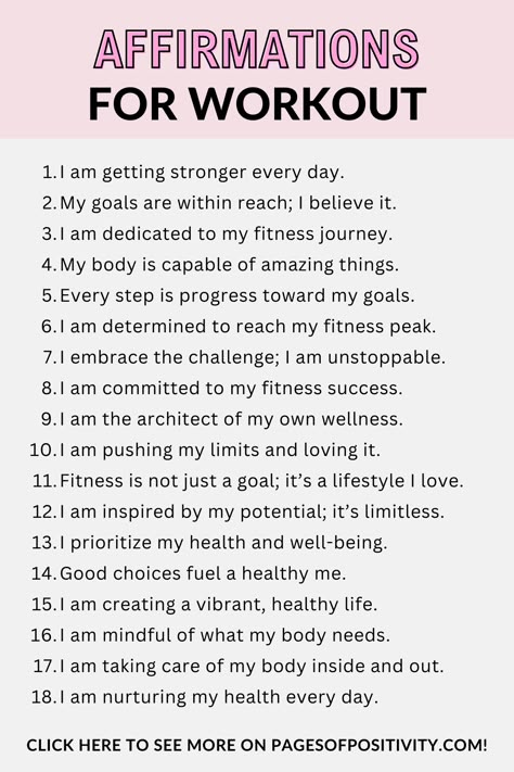 pin that says in a large font Affirmations for Workout Daily Affirmations For Working Out, Healthy Affirmations Motivation, Affirmation For Fitness, Daily Affirmations For Healthy Eating, Positive Gym Affirmations, Work Out Affirmations, Release Weight Affirmations, Exercise Affirmations Fitness Motivation, Positive Athlete Affirmations