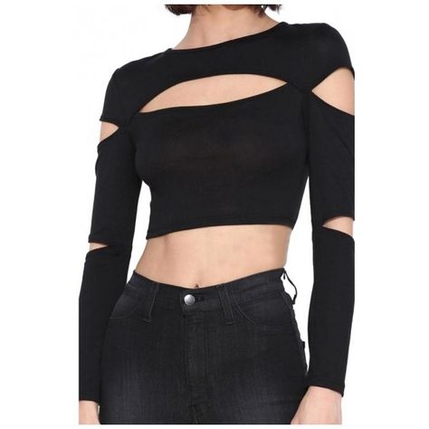 Chest&Sleeve Cutout Long Sleeve Crop Black T-Shirt ($13) ❤ liked on Polyvore Cutout Shirts, Summer Outfits For Teens, Crop Top Sweatshirt, Harajuku Fashion, Character Outfits, Black Long Sleeve, Art Clothes, Cute Casual Outfits, Diy Clothes