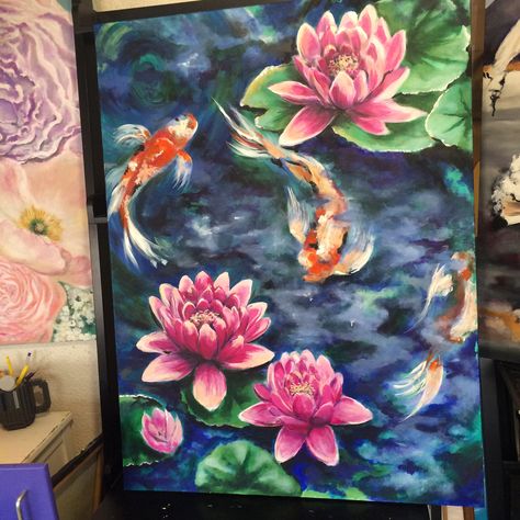 Koi fish pond with lotus flowers surrounding ... Colorful acrylic painting 30x40 Blues, pinks, greens, and oranges #fengshuiart #koi #lotus Koi Fish Lotus Pond Painting, Pond Flowers Drawing, Koy Fish Paintings, Lotus Flower Painting Acrylics, Koi Fish Painting Acrylics, Lotus Painting Acrylic, Koi Fish Pond Painting, Lotus Acrylic Painting, Koi Pond Painting