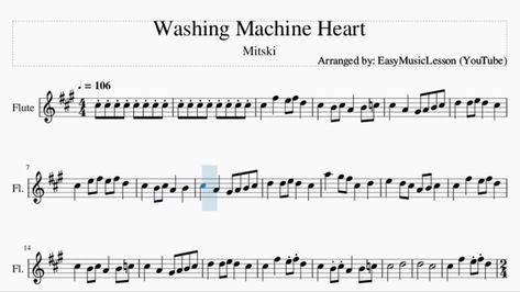 Music notes for Washing machine heart by Mitski, for flute. FROM YT Violin Notes Songs, Hamilton Flute Sheet Music, Violin Songs Notes, Flute Sheet Music Kpop, Flute Notes Songs, Flute Music Notes, Notes For Violin, Heather Flute Notes, Flute Sheet Music Popular Songs