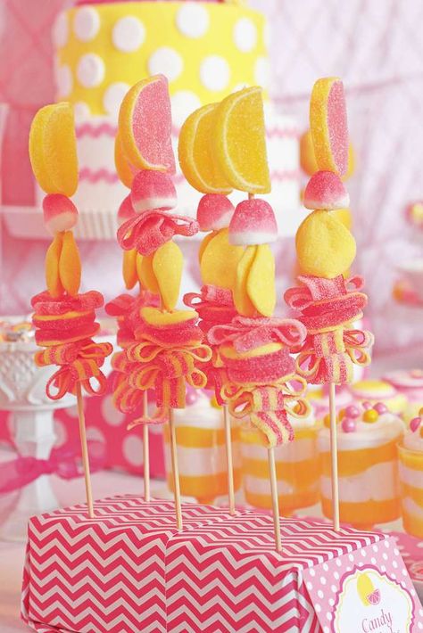 Pink Lemonade Stand Birthday Party Ideas | Photo 9 of 73 | Catch My Party Lemonade Party Decorations, Lemonade Party Theme, Lemonade Stand Birthday Party, Lemonade Stand Birthday, Lemonade Stand Party, Pink Lemonade Party, Candy Kabobs, Lemonade Party, Fruit Kabobs