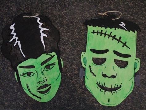 Dollar Tree wooden Halloween cutouts painted with glow in the the dark acrylic and other acrylic paints. White puffy paint and black puffy paint used for hair. Dollar Tree Bride Of Frankenstein Wood Cutout, Dollar Tree Frankenstein Wood Cutout, Bride Of Frankenstein And Frankenstein, Vintage Frankenstein, Dollar Tree Halloween, Halloween Wood Crafts, Creepy Halloween Decorations, Halloween Wreaths, Block Letters