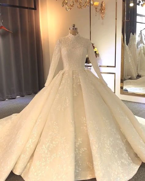 Amanda Novias Wedding Dress on Instagram: “Elegant high neckline long sleeves Muslim wedding dress with nice clear beading  work. Choose  Amanda Novias . We will  never let you  down…” Casual Lace Wedding Dress, Wedding Dresses With Long Sleeves, Simple Lace Wedding Dress, Dresses With Long Sleeves, Vintage Ball Gowns, Wedding Dresses Lace Ballgown, Muslim Wedding Dresses, Lace Wedding Dress With Sleeves, Lace Ball Gowns