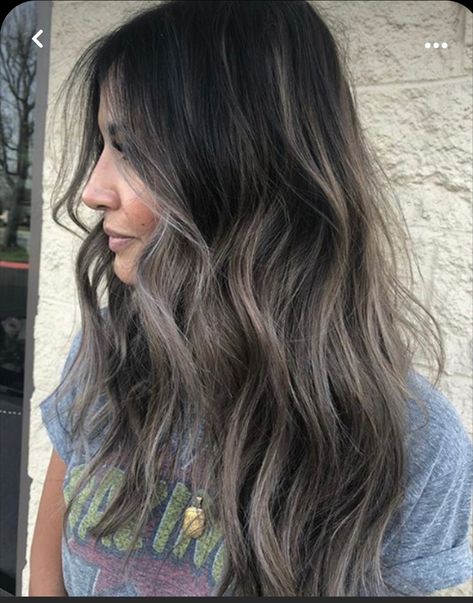 Black Hair Balayage Ideas, Black Hair With Cool Toned Highlights, Ash Brown Babylights On Dark Hair, Ash Brown Hair Balayage, Ash Balayage, Formal Skirts, Styling Skirts, Ashy Hair, Black Hair Balayage