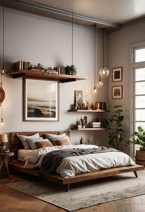 Cozy Neutral Bedroom Ideas, Condo Aesthetic, Suspended Shelf, Bed Display, Personalized Bedroom, Earthy Bedroom, Shelf Display, Bedroom Retreat, Boho Bedroom Decor