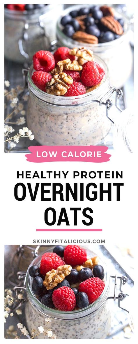 Healthy Protein Overnight Oats {GF, Low Cal} - Skinny Fitalicious® Healthy Easy Overnight Oats, Gluten Free Protein Overnight Oats, High Protein Overnight Oats Vegan, Whole30 Overnight Oats, How Many Calories In Overnight Oats, Noom Recipes Overnight Oats, Diet Overnight Oats Recipe, Gluten Free Calorie Deficit Meal Plan, Overnight Low Calorie Oats