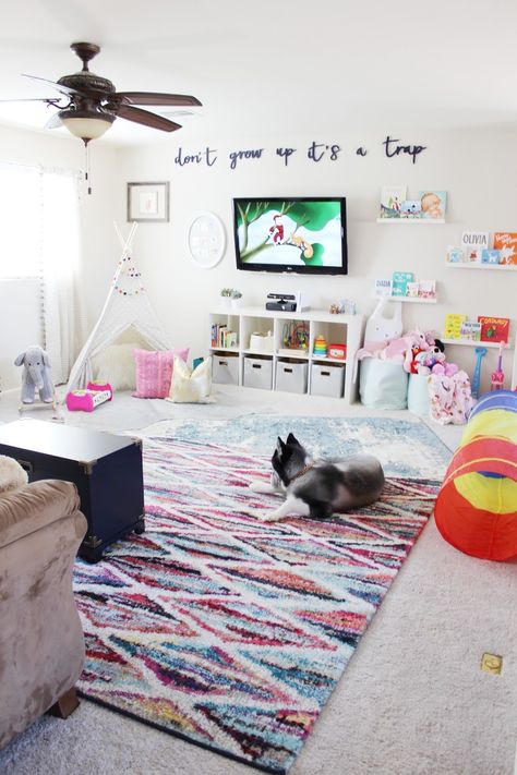 Playroom Reveal by Aubrey Kinch with Rugs USA's Tracce TC01 Distressed Foggy Medallion Rug, Albina Streaked Trellis CR01 Rug, and Serendipity Devour Cowhide Rug! Stylish Playroom, Loft Playroom, Diy Playroom, Colorful Playroom, Baby Playroom, Basement Playroom, Girls Playroom, Playroom Storage, Childrens Playroom