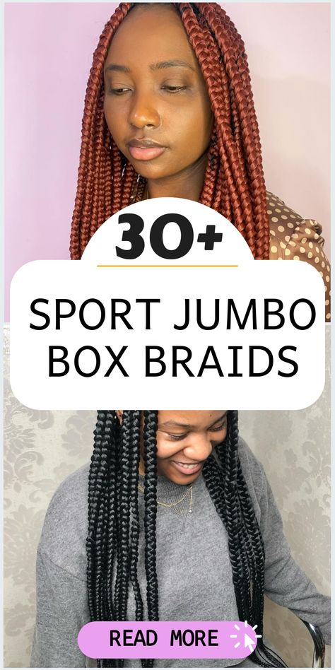 Upgrade your hair routine with fashionable jumbo box braids that merge style and practicality for a trendy and sporty appearance. Perfect for gym sessions or daily activities, these braids provide a flexible and easy-to-manage hairstyle to keep you effortlessly stylish while on-the-move. Big Part Box Braids, Thick Braids For Black Women, Jumbo Twist Braids, Thick Braids, Jumbo Twists, Large Box Braids, Braids For Black, Big Box Braids, Thick Braid