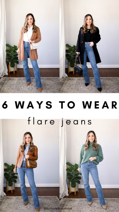 Flare Jean Work Outfits, Styling Flare Jeans Winter, Jeans Outfit 2022 Women, Flare Jeans With Shoes, Flare Jean Shoes, Dress Up Flare Jeans, Fall Outfit With Flare Jeans, Bootcut Jeans Work Outfit, Flared Jeans And Boots