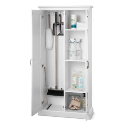 Slim Cleaning Storage Cabinet with Doors | Improvements Cleaning Equipment Storage, Slim Storage Cabinet, Small House Inspiration, Clothes Cabinet, Utility Storage Cabinet, Utility Closet, Cleaning Cabinets, Utility Cabinets, New Home Checklist