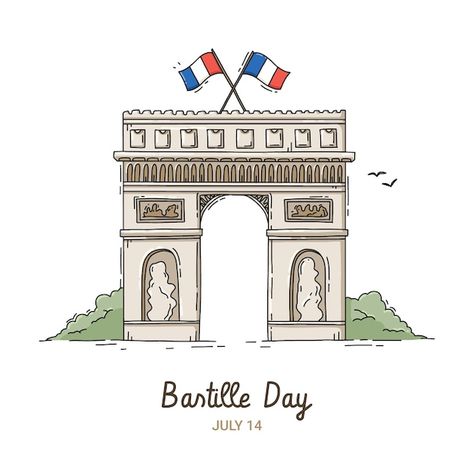 Hand drawn bastille day illustration | Free Vector #Freepik #freevector #bastille-day #national-day #patriot-day #celebration-illustration Celebration Illustration, School Decoration, French Wallpaper, Day Illustration, Bastille Day, Grafic Design, School Project, School Decorations, Vector Hand