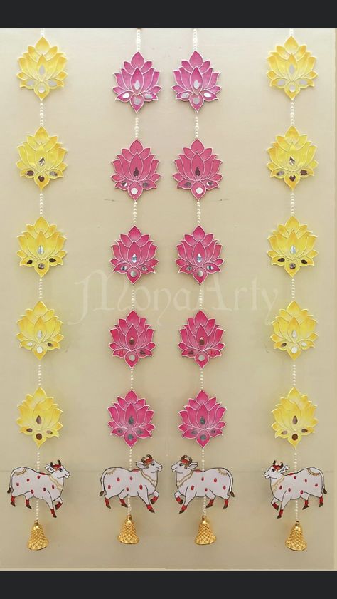 Laltain With Paper, Main Door Diwali Decoration Ideas, Wall Painting For Mandir, Door Decoration For Diwali, Origami Diwali Decoration, Wall Hanging Ideas For Diwali, Diwali Mandir Decoration, Diy Toran Ideas, Mandir Decoration Ideas