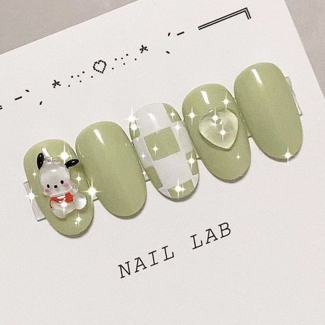 Green Pochacco, Pochacco Nails, Nail Lab, Holloween Nails, Unique Nail Art, Pastel Nails Designs, Green Nail Art, Bunny Nails, Art Deco Nails