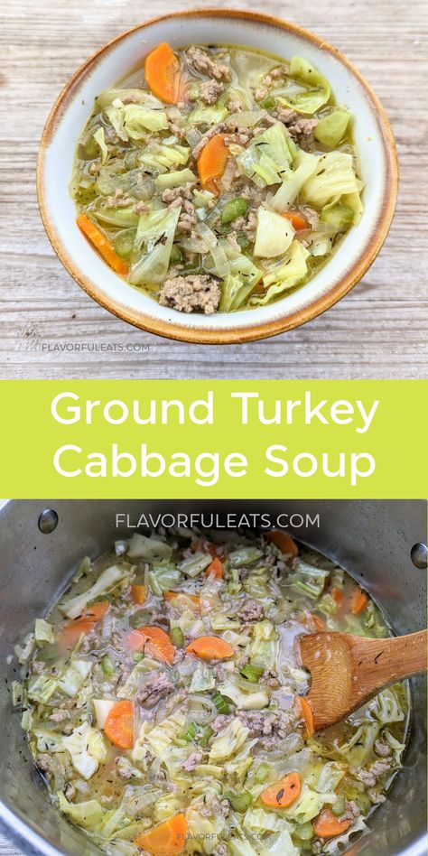 Ground Turkey Cabbage Soup is a delicious, veggie-packed soup filled with good-for-you ingredients!  Lean ground turkey, cabbage, and plenty of other fresh vegetables, all in a super flavorful broth make this easy, one-pot recipe a family favorite! Purple Cabbage Ground Turkey, Ground Turkey And Cabbage Soup, Turkey Cabbage Soup Healthy, Cabbage Soup With Ground Turkey, Ground Chicken And Cabbage Recipes, Ground Turkey Cabbage Soup, Ground Turkey Cabbage Recipes, Ground Turkey And Cabbage Recipes, Cabbage Healthy Recipes