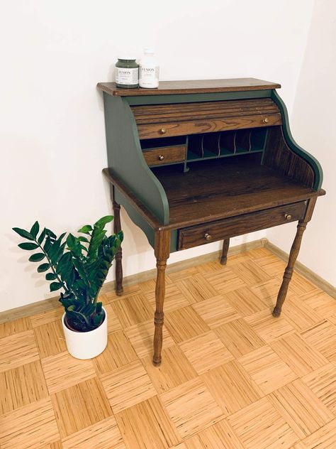 Roll Top Secretary Desk Makeover, Refinished Roll Top Desk, Rolltop Desk Repurpose, Refurbished Secretary Desk, Roll Top Desk Makeover Ideas, Desk Painting Ideas Creative, Desk Restoration Ideas, Desk Painting Ideas, Secretary Desk Makeover Ideas