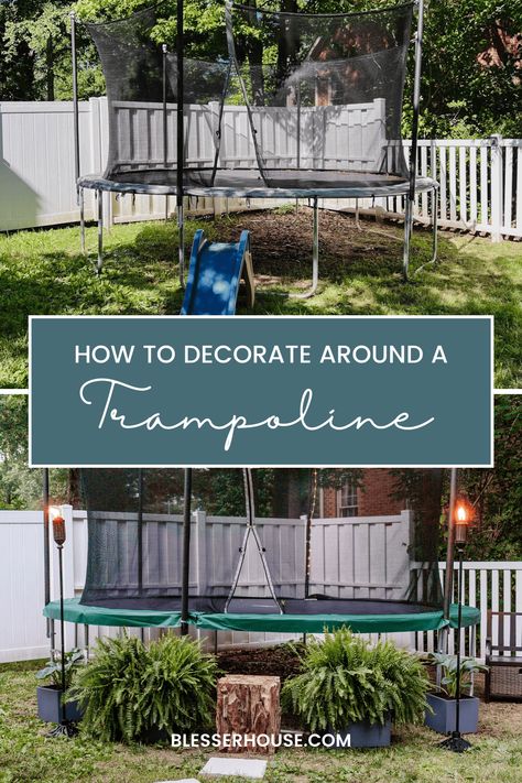 Playset And Trampoline Landscaping, Backyard Kids Play Area Trampoline, Trampoline Play Area, Trampoline Landscaping Ideas, Trampoline Backyard Landscaping, Trampoline Ideas Backyard, Small Backyard With Trampoline, What To Put Under Trampoline, Landscaping Under Trampoline Ideas