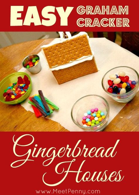 How to make easy graham cracker gingerbread houses. Graham Cracker Gingerbread Houses, Graham Cracker Gingerbread, Graham Cracker House, Graham Cracker Gingerbread House, Diy Christmas Crackers, Cracker House, Ginger Bread House Diy, Mini Gingerbread House, Gingerbread House Parties