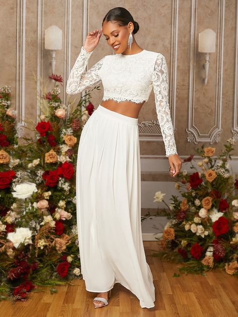 Long Sleeve Lace Crop Top, White Skirt And Top, Crop Top Blanco, Long Skirt And Top, White Long Sleeve Crop Top, White Lace Shirt, Crop Top Skirt, White Lace Top, Cropped Tops