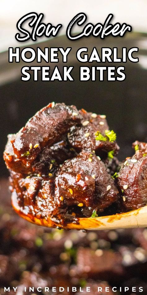 Slow cooker honey garlic steak bites are just what you need to make for lunch or dinner. These easy steak bites are filled with flavor and made in the crock pot so you can skip the mess and hassle. Honey and garlic steak bites are perfect to make for a quick meal that everyone will enjoy. Try these steak bites today! Honey Steak, Food Crockpot, Crockpot Steak, Steak Bites Recipe, Garlic Steak, Garlic Honey, Steak Dishes, Easy Steak, Garlic Butter Steak