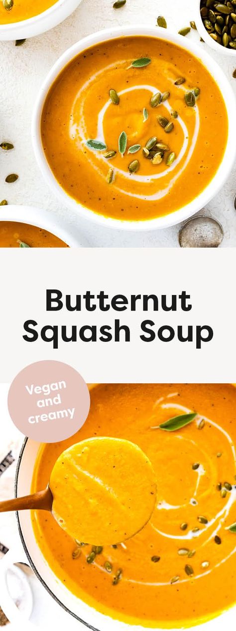 This butternut squash soup is super creamy and easy to make! It combines butternut squash with coconut milk, carrots, fresh ginger and sage for a delicious and comforting fall meal.