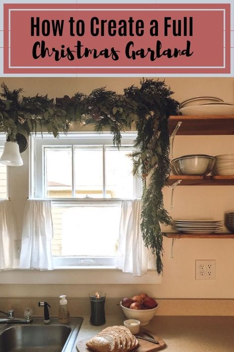 How to Create a Full Christmas Garland #farmhousechristmas #farmhouse #christmas #christmasdecor #christmasideas #holidays #holidaydecor #holidaydecorating #christmastree #vintagechristmas #flockedtrees #minichristmastree Garland Over Kitchen Window, Kitchen Window Garland, Christmas Kitchen Window, Cottage Bathroom Inspiration, Window Garland, Decorating 101, Decorating For Christmas, Farmhouse Decorating, Indoor Window