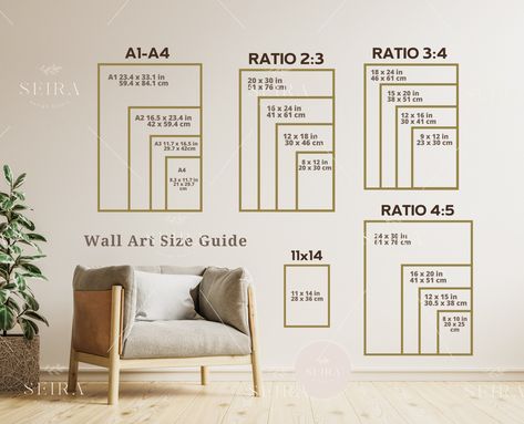 Wall Art Size Guide, Frame Size Guide, Print Size Guide, Comparison Chart, Poster Size Chart, Wall Display Guide, Boho Wall Art Size Guide Wall Art Size Guide, Art Size Guide, Architecture Unique, Minimalist Dekor, Japandi Wall Art, Wall Art Size, Aesthetic Kitchen, Mimosa Bar, Poster Retro