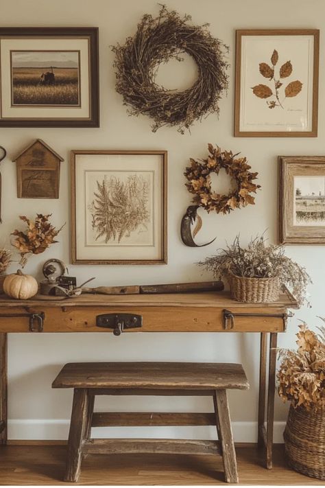 Discover 10 charming rustic fall wall decor ideas to create a cozy farmhouse look. From DIY projects to easy updates, transform your home for autumn.  Some of the links in my articles are affiliate links.  If you make a qualified purchase from one of my links I will make a small commission at no cost to you. Thank you for your support!!! Farmhouse Wall Gallery Ideas, Cottage Dining Room Wall Decor, Modern Rustic Decor Ideas, Rustic Modern Wall Decor, Farmhouse Decor Around Tv On Wall, Rustic Living Room Wall Decor Ideas, Farmhouse Decor Around Tv, Farmhouse Photo Wall Ideas, Rustic Fall Decor Ideas